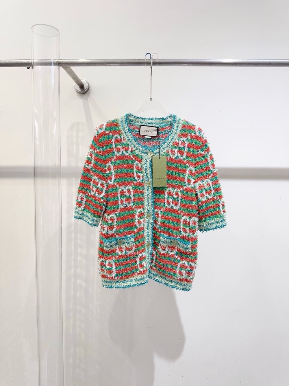 🚩steal Gucci Multicolor Tweed Short-Sleeve Cardigan - Green/Red/White/Turquoise